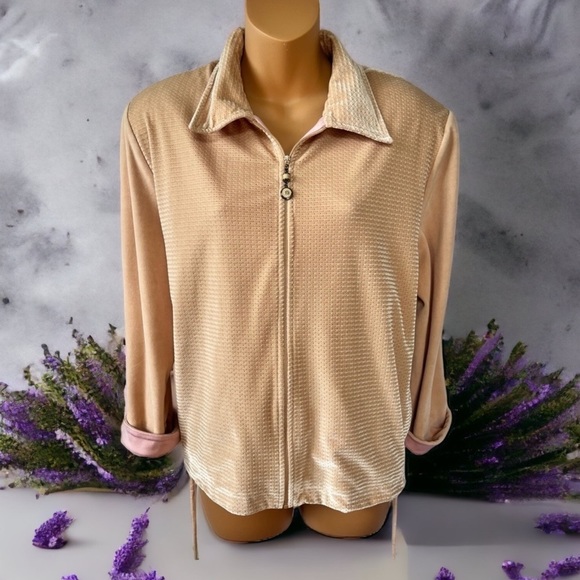 Vintage St. John Sport • Tan & Pink Velour Zippered Jacket • Large - Picture 1 of 7